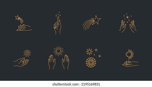 Aesthetic astral hands. Collection of cosmic and celestial elements with sun, moon and stars. Isolated editable linear vectors. 