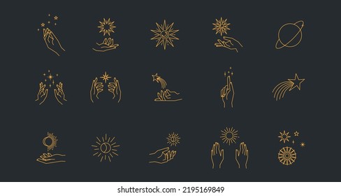 Aesthetic astral hands. Collection of cosmic and celestial elements with sun, moon and stars. Isolated editable linear vectors. 