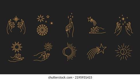 Aesthetic astral hands. Collection of cosmic and celestial elements with sun, moon and stars. Isolated editable linear vectors. 