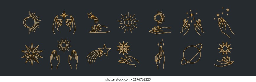 Manos astrales estéticas. Colección de elementos cósmicos y celestes con sol, luna y estrellas. Vectores lineales editables aislados. 