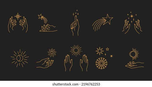 Aesthetic astral hands. Collection of cosmic and celestial elements with sun, moon and stars. Isolated editable linear vectors. 