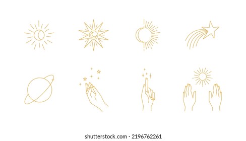 Aesthetic astral hands. Collection of cosmic and celestial elements with sun, moon and stars. Isolated editable linear vectors. 