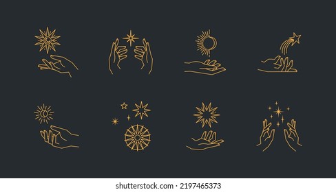 Aesthetic astral hands. Collection of cosmic and celestial elements with sun, moon and stars. Isolated editable linear vectors. 