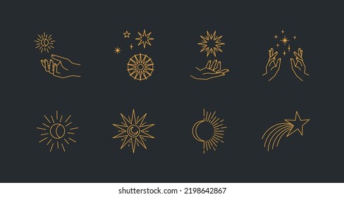 Aesthetic astral hands. Collection of cosmic and celestial elements with sun, moon and stars. Isolated editable linear vectors. 