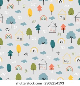 Aesthetic babyish seamless surface pattern. Exquisite bunch of whimsical scribble motifs and childish drawings. Allover print girlish textured background of doodle rainbows, clouds, trees and houses.