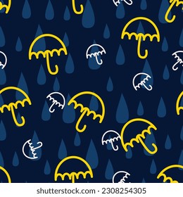 Aesthetic babyish seamless surface pattern design. Exquisite bunch of whimsical scribble motifs and childish drawings. Allover printed textured girlish background of whimsical raindrops and umbrellas.