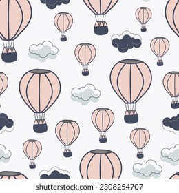 Aesthetic babyish seamless surface pattern. Exquisite bunch of whimsical scribble motifs and childish drawings. Allover print girlish textured background of doodle clouds and hot air balloons. 