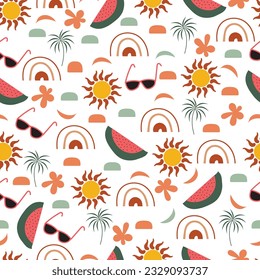 Ästhetisches, nahtloses Oberflächendesign. Exquisite skurrile Anordnung von handgezeichneten Sonnen, Regenbogen, Wassermelonen, Sonnenbrillen. Allover-Druck auf gürtelnem Hintergrund für den Sommer