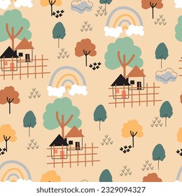 Aesthetic babyish seamless surface pattern. Exquisite bunch of whimsical scribble motifs and childish drawings. Allover print girlish textured background of doodle houses, trees and boho rainbows.