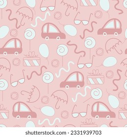 Aesthetic babyish seamless surface pattern. Exquisite bunch of whimsical scribble motifs and childish drawings. Allover print girlish textured background of doodle cars, balloons, lollipops, confetti.