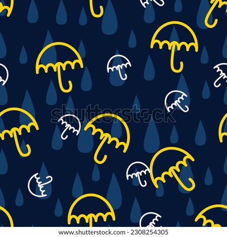 Aesthetic babyish seamless surface pattern design. Exquisite bunch of whimsical scribble motifs and childish drawings. Allover printed textured girlish background of whimsical raindrops and umbrellas.