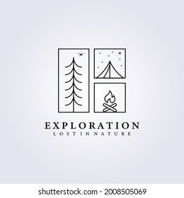 aesthetic background adventure camping logo vector illustration design line art badge frame emblem