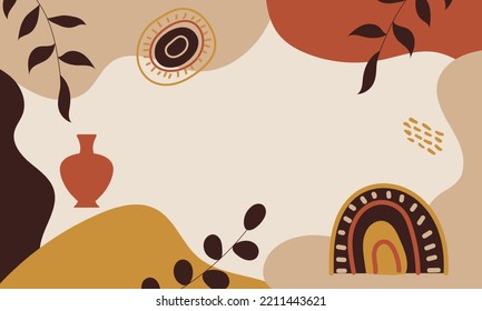 Aesthetic background. Boho background. Background with rainbow, sun, leaves, vase, dots and geometric shapes in boho and aesthetic style. Vector Illustration.