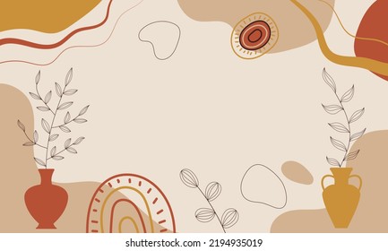 Aesthetic background. Boho background. Background with  rainbows, vase, sun, leaves, dots and geometric shapes in boho and aesthetic style. Vector Illustration.