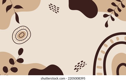 Ästhetischer Hintergrund. Boho Hintergrund. Hintergrund mit Sonne, Blättern, Punkten und geometrischen Formen im Boho und ästhetischen Stil. Vektorgrafik.