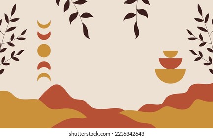Aesthetic background. Boho background. Background with sun, moon, leaves and geometric shapes in boho and aesthetic style. Vector Illustration.