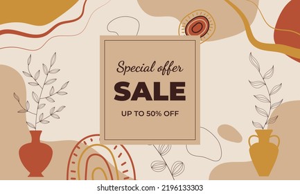 Aesthetic background sale 50% off. Boho background. Background with  rainbows, vase, sun, leaves, dots and geometric shapes in boho and aesthetic style. Vector Illustration.