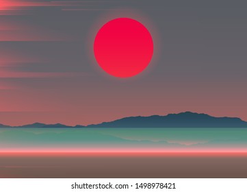 Aesthetic beach scene landscape with big red sunset and light leak overlay, soft cool pastel gradient summer vibe