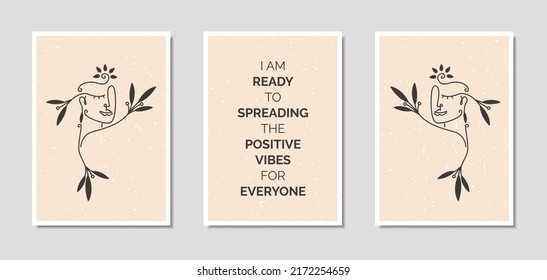 Aesthetic beautiful boho wall art poster template of elegant woman face line art with motivational quotes. Suitable for modern decoration, cover art, home interior, and furniture. Ready to print.
