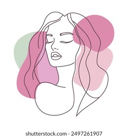 Aesthetic Beautiful Girl Face Hand Drawn Sketch in Line Art Style with Purple Green Fill Color