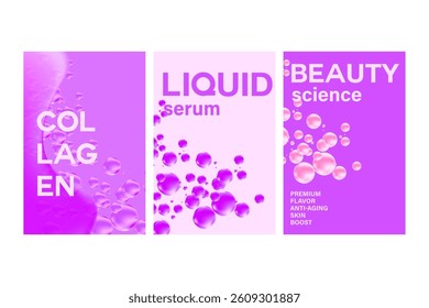Aesthetic beauty liquid bubbles texture poster set with flowing fluid bubbles. Light purple, pink cosmetics technology background with copy space. Beauty science, skin care, cosmetology