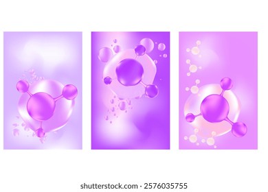 Aesthetic beauty molecule poster set with hyaluronic acid, collagen, niacinamide serum. Light purple, pink violet color cosmetology advertisement. Beauty science skin care molecular concept