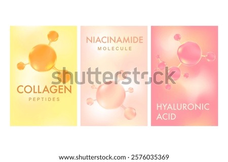 Aesthetic beauty molecule poster set with hyaluronic acid, collagen, niacinamide serum molecular banner. Nude pink, light yellow cosmetology advertisement. Beauty science skin care molecular concept