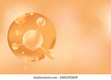 Aesthetic beige molecule background, collagen peptide or hyaluronic acid and bubble oxygen serum chemical formula. Beauty treatment nutrition skincare wallpaper with copy space.