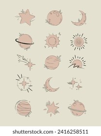 Aesthetic Beige Stars and Planet Illustration Design Set