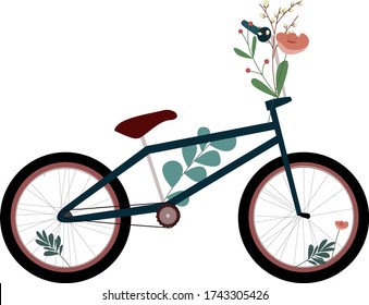 Aesthetic bicycle with a bouquet of flowers on the handlebars, sea wave frame, burgundy color, for cards, patterns, gift to the guy, flat style, vector.