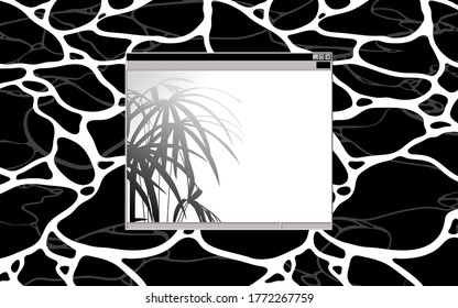 Aesthetic black and white swimming pool ripple water surface, with retro windows desktop frame and tropical plants, minimal summer vibe, vintage tech feelings