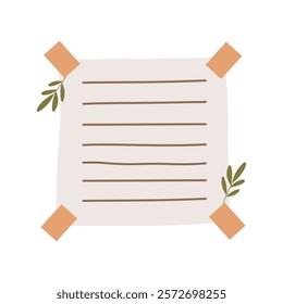 Aesthetic Blank Brown Paper Note Office Stationery with Sticky Tape and Leaf Decoration