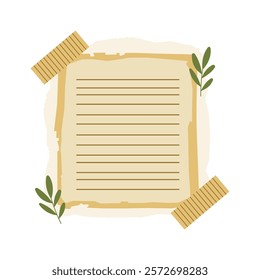 Aesthetic Blank Brown Paper Note Office Stationery with Sticky Tape and Leaf Decoration