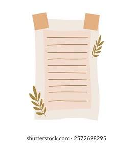 Aesthetic Blank Brown Paper Note Office Stationery with Sticky Tape and Leaf Decoration