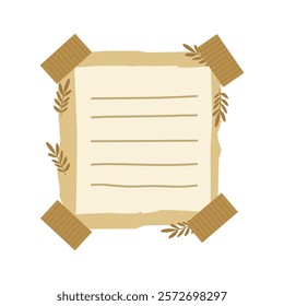 Aesthetic Blank Brown Paper Note Office Stationery with Sticky Tape and Leaf Decoration