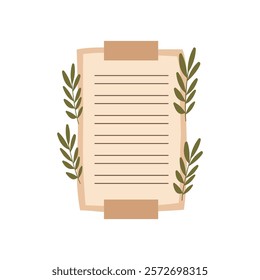 Aesthetic Blank Brown Paper Note Office Stationery with Sticky Tape and Leaf Decoration