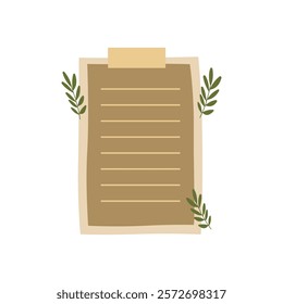 Aesthetic Blank Brown Paper Note Office Stationery with Sticky Tape and Leaf Decoration