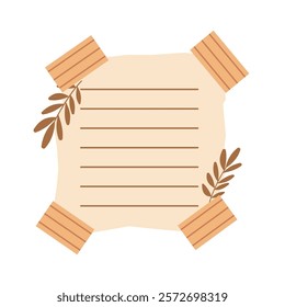 Aesthetic Blank Brown Paper Note Office Stationery with Sticky Tape and Leaf Decoration