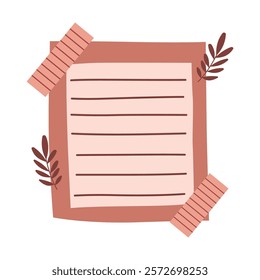 Aesthetic Blank Pink Paper Note Office Stationery with Sticky Tape and Leaf Decoration