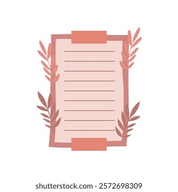 Aesthetic Blank Pink Paper Note Office Stationery with Sticky Tape and Leaf Decoration