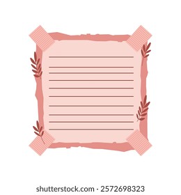 Aesthetic Blank Pink Paper Note Office Stationery with Sticky Tape and Leaf Decoration