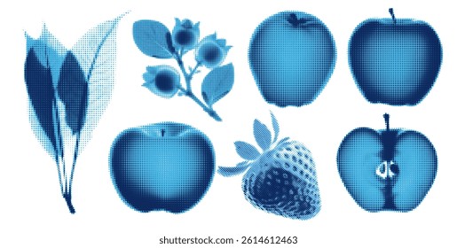 Aesthetic Blue Apple and Fruit Set with Floral Elements in Grunge and Vintage Style Creating a Unique Botanical Collage and Graphic Illustration with Y2K Influence