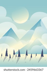 Aesthetic blue mountains among clouds landscape. Evening panorama with pine tree forest illustration.