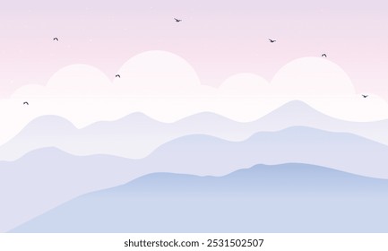 Aesthetic blue mountains among clouds landscape. Background for poster, banner and website