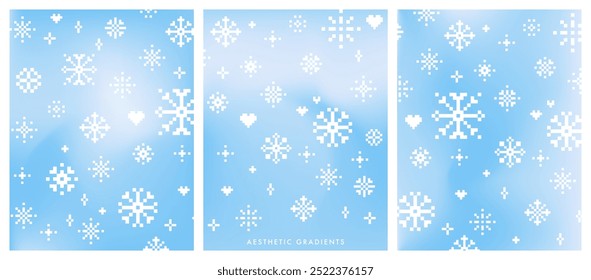 Aesthetic blue sky with falling snow. Winter season blue pastel colored vertical vector banner set. Y2k blurred sky gradient background. Christmas simple soft light backdrop for poster, social post