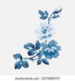 Aesthetic blue vintage flower painting illustration isolated on white, vector. Vintage beautiful flower illustration, hand drawn floral vector isolated on white background.