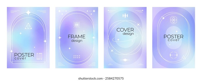 Aesthetic blue y2k gradient posters or backgrounds with abstract shapes, minimalistic geometric and celestial elements, including orbits, stars and abstract frames, modern and elegant vector templates