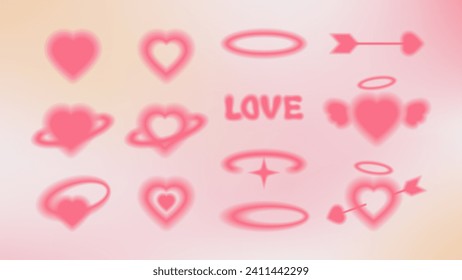 Aesthetic blurry hearts y2k style. Set of blurred gradient hearts for decoration Valentine's Day. Trendy minimalist design for party, covers, cards, ads, banner, promotion.