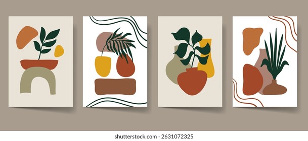 Aesthetic boho abstract art set for print, Floral bohemian wall art, home decor. Leaves line art collection