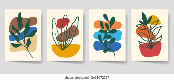 Aesthetic boho abstract art set for print, Floral bohemian wall decor, home decor. Leaves line art collection